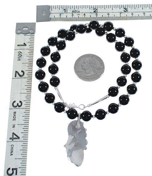 Native American Onyx And Sterling Silver Pendant Bead Necklace JX125435